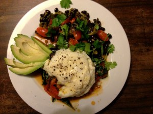 Egg with black bean and roasted poblano chile salad and avocado
